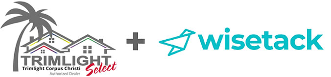 Attached image file Logo vir Trimlight Select met 'n palmboom en huise met kleurvolle dakke, langs 'n plusteken en die Wisetack-logo met 'n seegroen origami-styl papiervliegtuig en die woord wisetack.