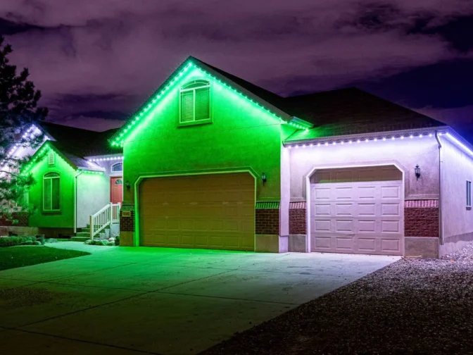 'n Voorstedelike huis in die nag met groen en wit LED-ligte wat die dak en motorhuis omlyn, wat die oprit en voortuin onder 'n bewolkte lug verlig.